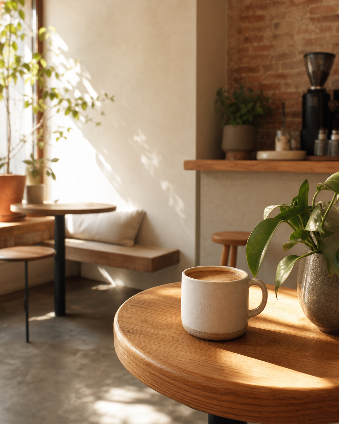 Sunlit Morning Bell coffee shop with a ceramic cup on a wooden table